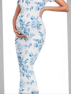 Blue Floral Maternity Maxi Dress - Women's Pregnancy Gown